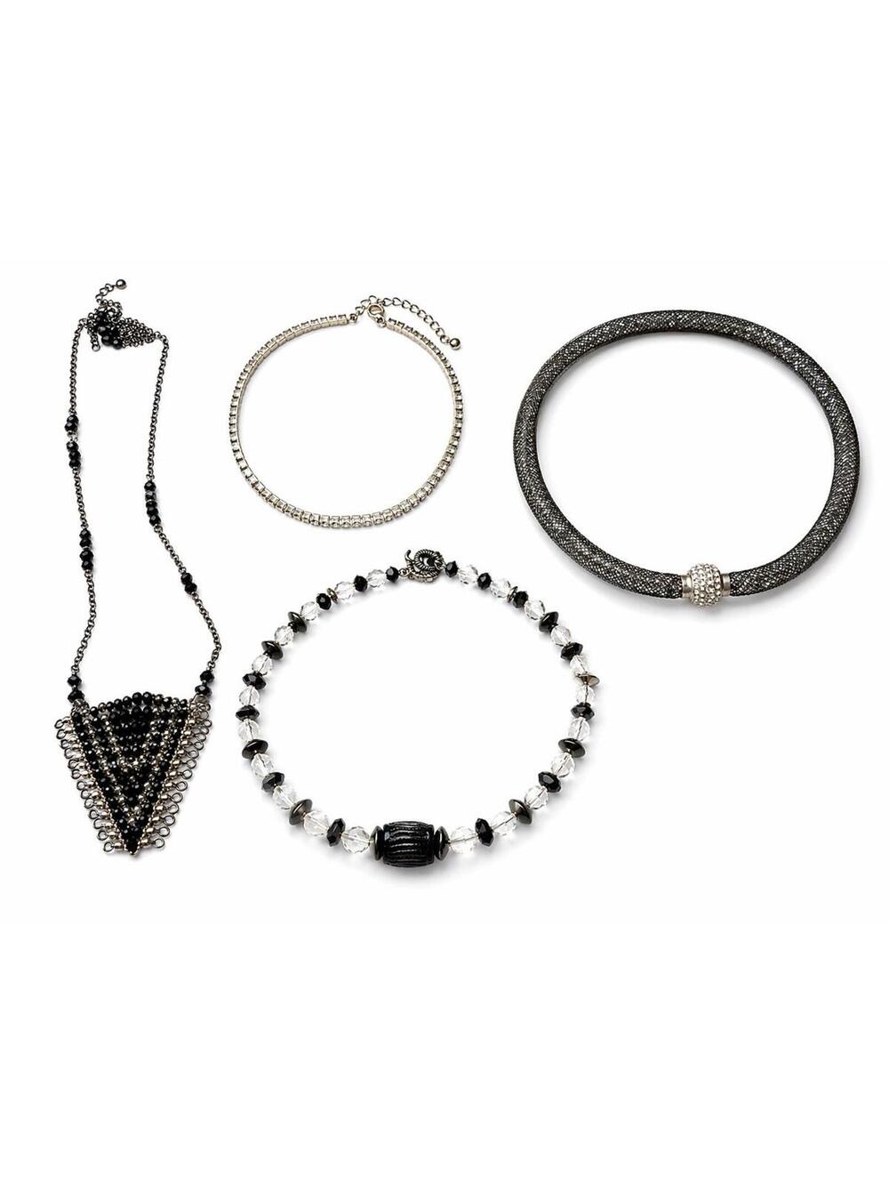 Statement Necklace Lot 4pc Black Beaded Rhinestone Collar Choker Triangle